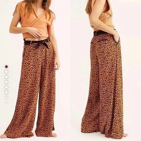Free People Bennie Wide Legged Animal Print Flowing High Waisted Belted Pants - Picture 4 of 16